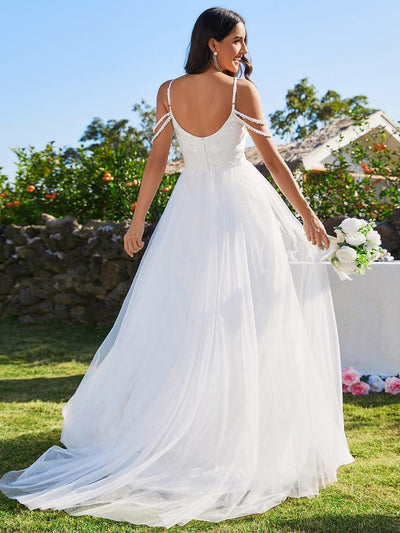 V-Neck Spaghetti Strap Embroidered Tulle A-Line Wedding Dresses #color_White