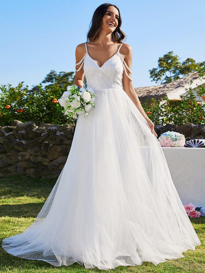 V-Neck Spaghetti Strap Embroidered Tulle A-Line Wedding Dresses #color_White