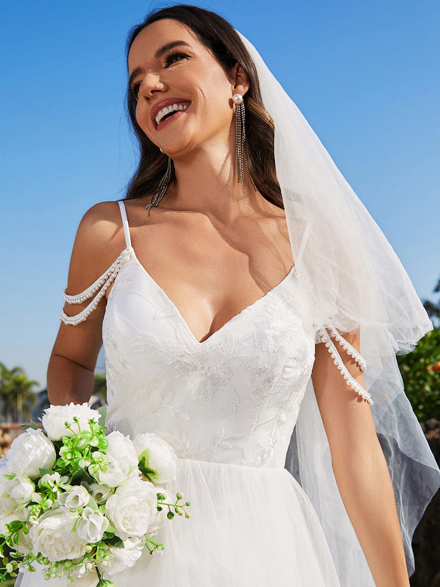 Pearl shoulder strap V-Neck Embroidered Wedding Dress with A-Line