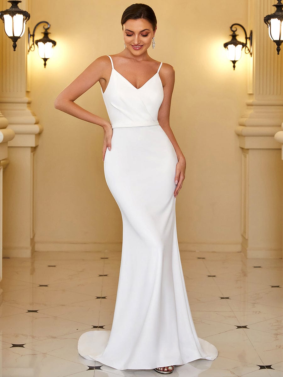 Cut-Out Sequin Back Spaghetti Strap Fishtail Wedding Dress #color_White