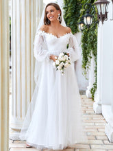 V Neck Off Shoulder Applique wedding dress #color_Cream