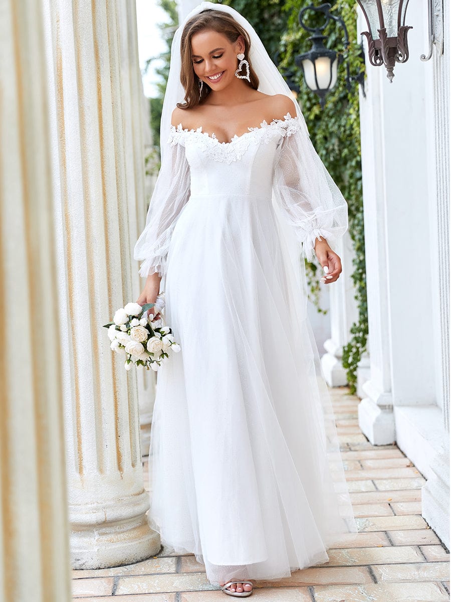 Custom Size Long Sleeve Off Shoulder Applique Maxi Wedding Dress #color_Cream