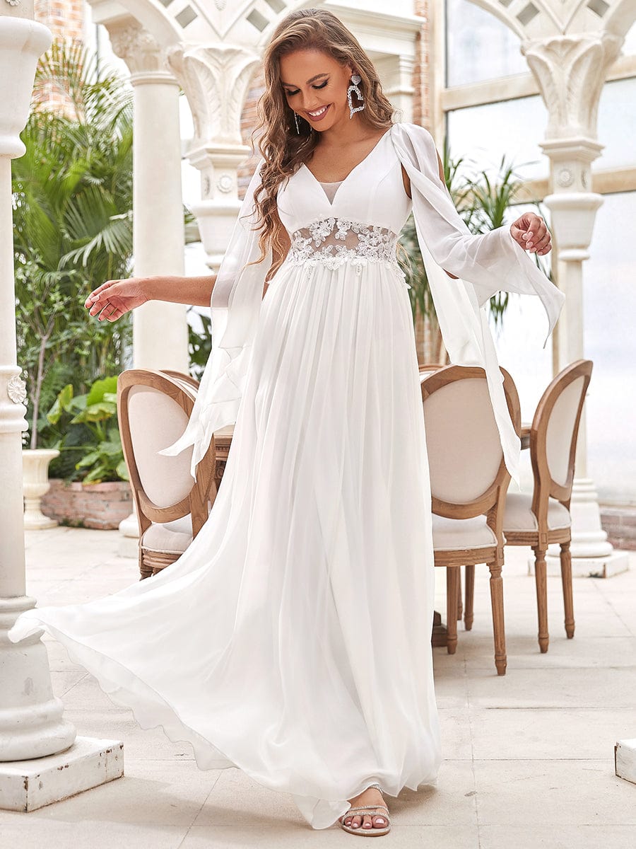 Custom Size Deep V Neck Applique Long Split  Wedding Dress #color_Cream