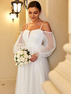 Off Shoulder Sheer Applique Maxi Wedding Dress with Puff Sleeves