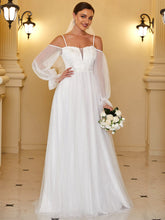 Off Shoulder Sheer Applique Maxi Wedding Dress with Puff Sleeves #color_Cream