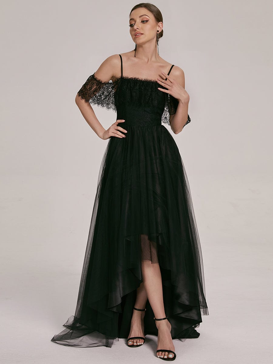 Maxi Long Spaghetti Straps High Low Lace Wedding Dress #color_Black
