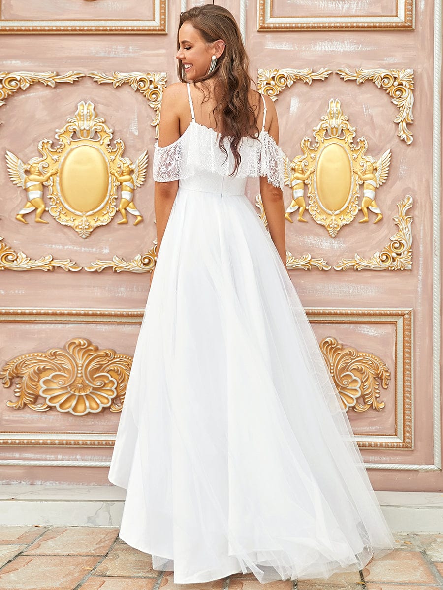 Custom Size Long Lace Spaghetti Straps High-Low Wedding Dress #color_Cream