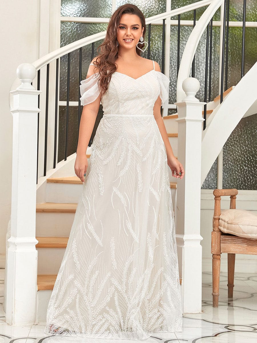 Color=Cream | Custom Size Plus Size Embroidered Cold Shoulder Sweetheart Wedding Dress-Cream 1