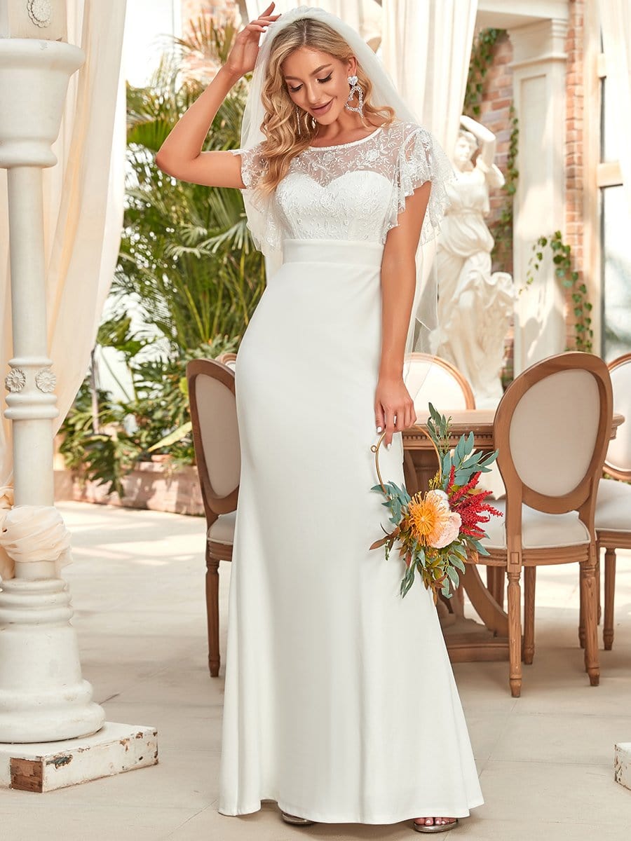 Flutter Sleeve Sweetheart Fit And Flare Wedding Dress #color_White
