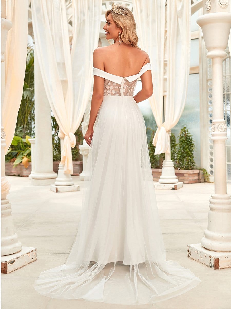 Off Shoulder Applique Fit and Flare Wedding Dress