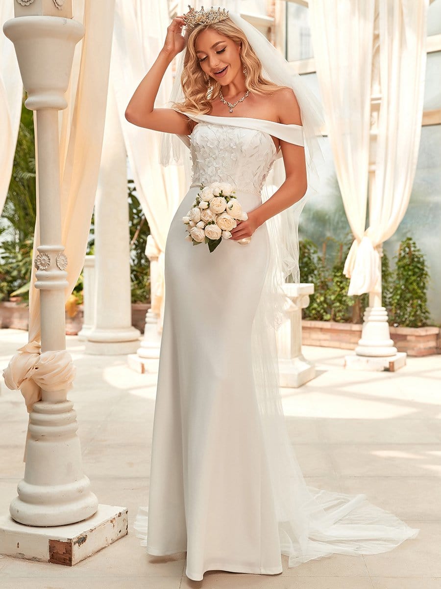 Off Shoulder Applique Fit and Flare Wedding Dress