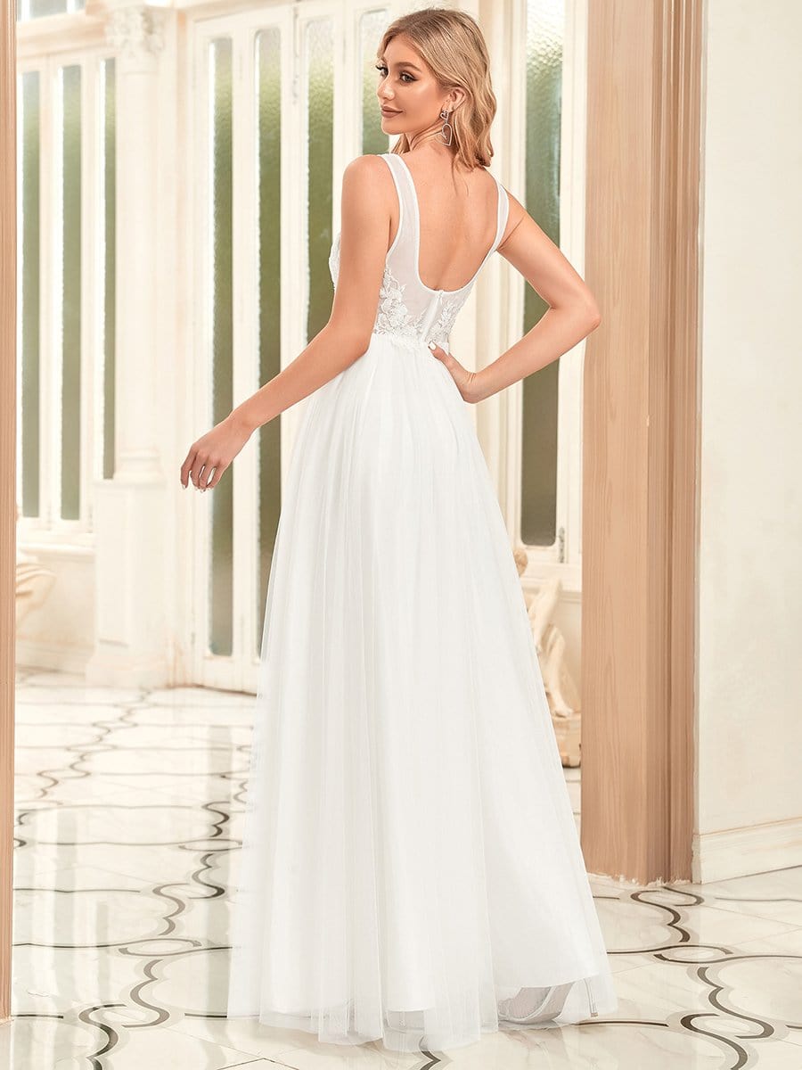 Sleeveless Applique Low Back Floor Length Wedding Dress #color_White