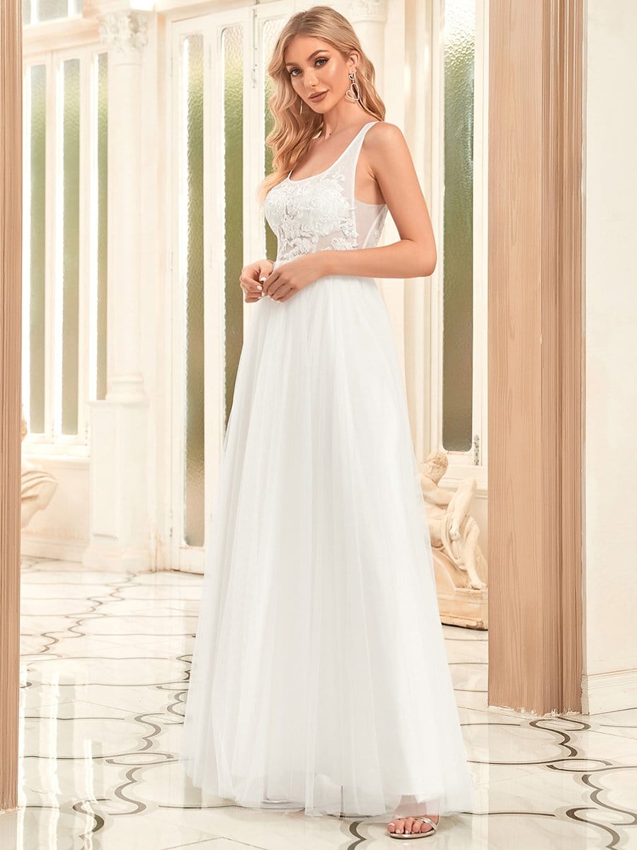 Sleeveless Applique Low Back Floor Length Wedding Dress