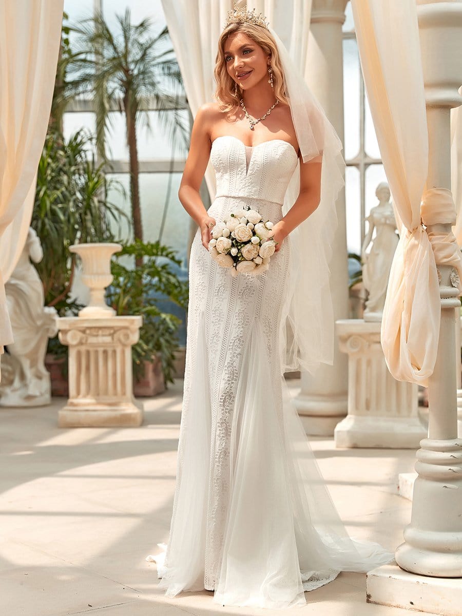 Bandeau Sweetheart Floor Length Wedding Dress #color_White