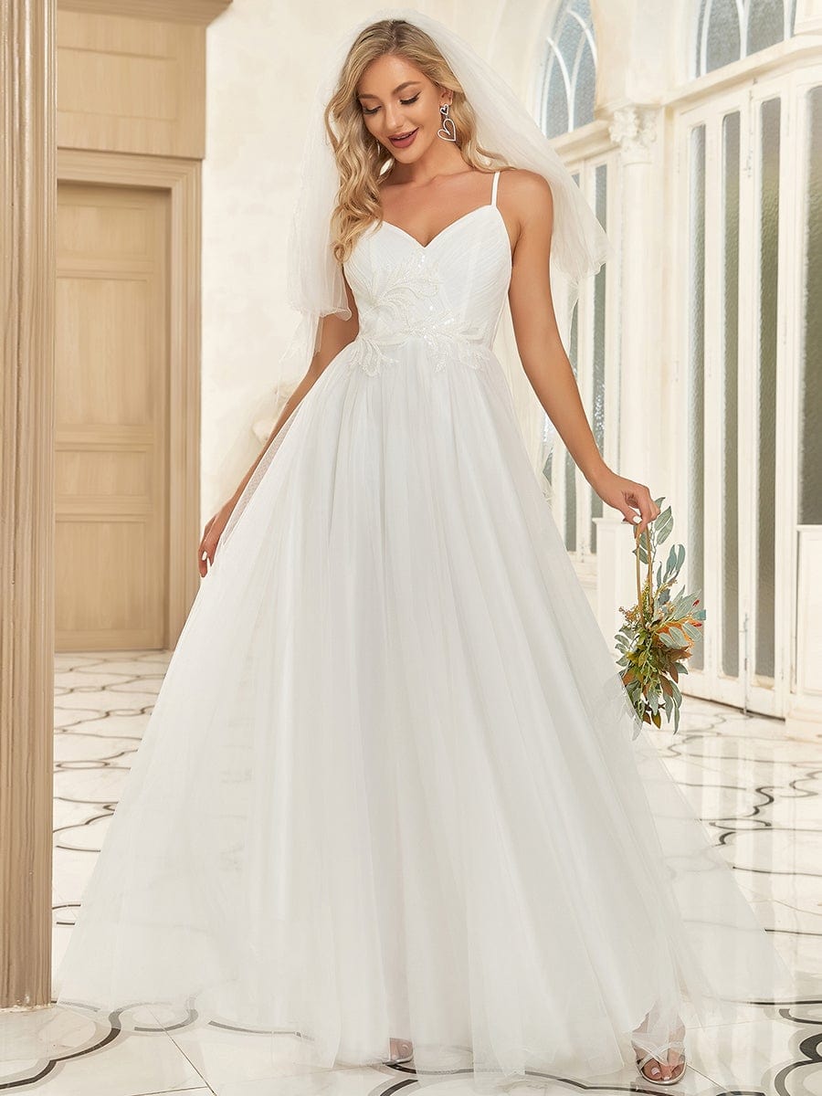 Color=White | Sweetheart A-Line Pleated Embroidered Wedding Dress-White 1