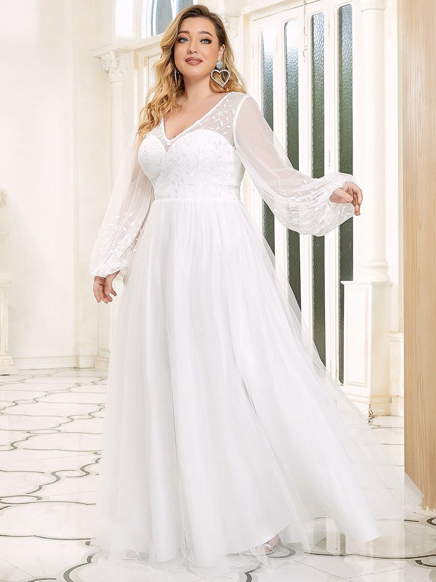 Sheer Long Sleeve Applique Floor Length Wedding Dress