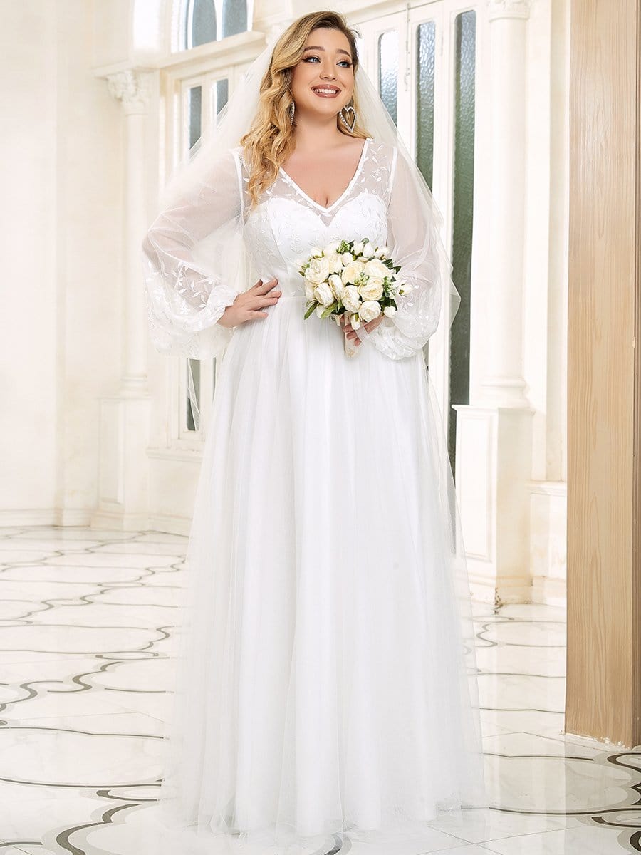 Sheer Long Sleeve Applique Floor Length Wedding Dress