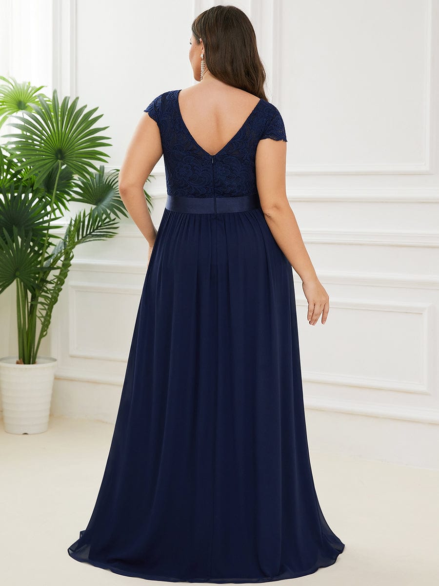 Plus Size Lace Short Sleeve Floor Length Mother of the Bride Dress #color_Navy Blue