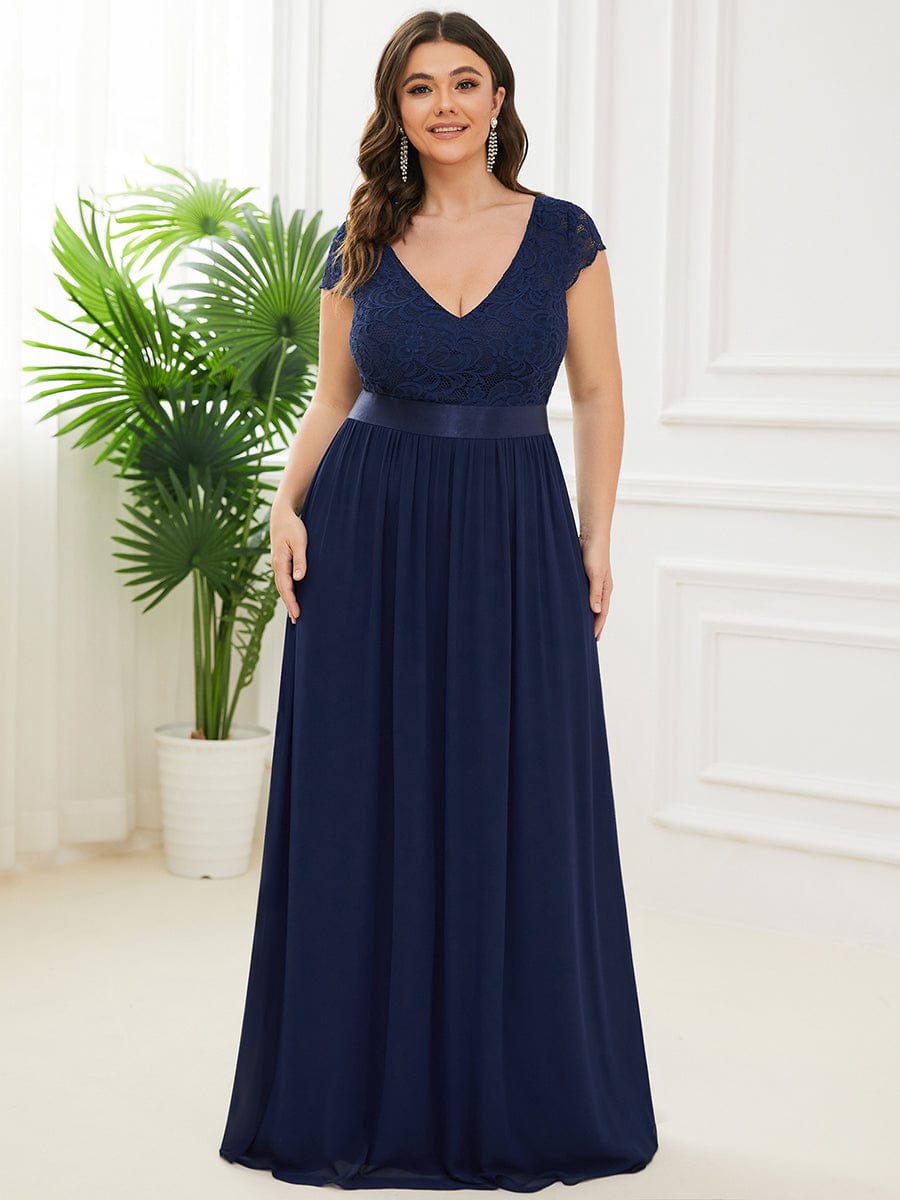 Plus Size Lace Short Sleeve Floor Length Mother of the Bride Dress #color_Navy Blue