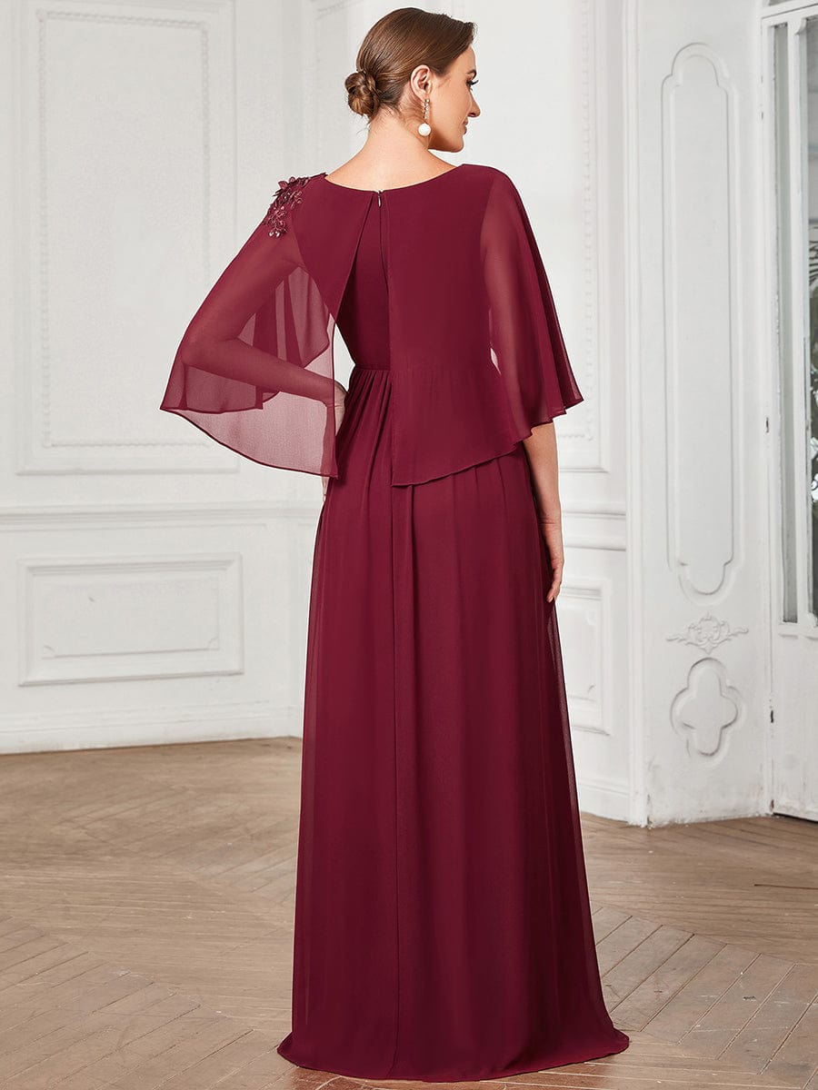 Sheer Bell Sleeve Capelet Maxi Mother of the Bride Dress #color_Burgundy