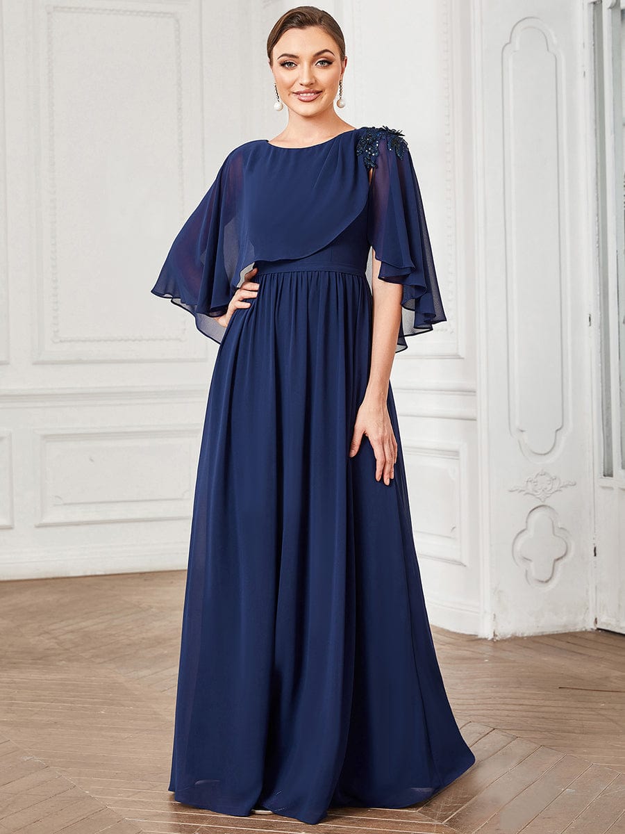 Sheer Bell Sleeve Capelet Maxi Mother of the Bride Dress #color_Navy Blue