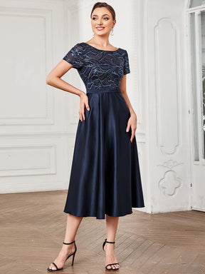Short Sleeve Sequin Lace A-Line Midi Mother of the Bride Dress