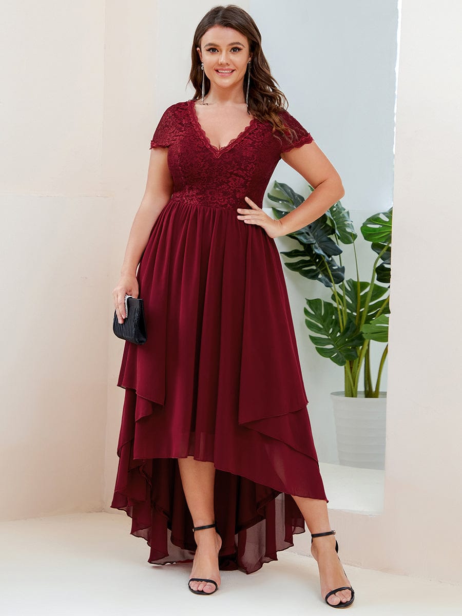 Plus Size Short Sleeve Vintage Ribbons High Low Mother of the Bride Gown #color_Burgundy