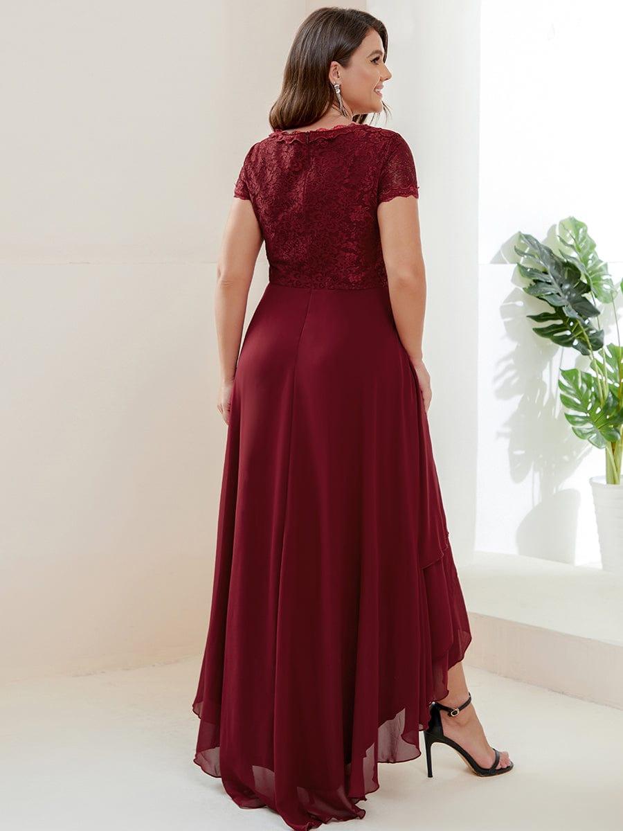 Brief Sleeve Vintage Ribbons Short Sleeve Higher Low Mother of the Bride Gown #color_Burgundy