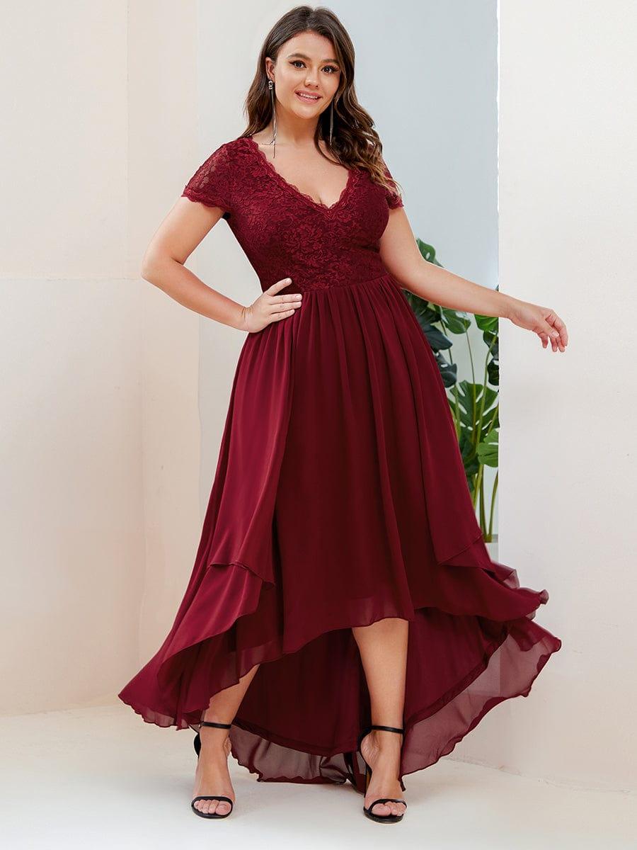 Brief Sleeve Vintage Ribbons Short Sleeve Higher Low Mother of the Bride Gown #color_Burgundy
