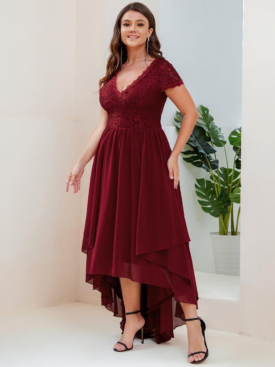 Plus Size Short Sleeve Vintage Ribbons High Low Mother of the Bride Gown #color_Burgundy