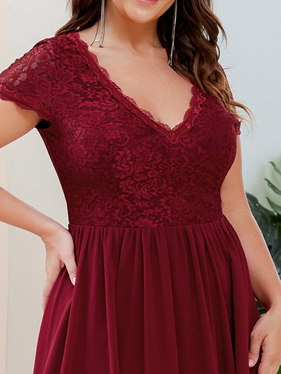 Plus Size Short Sleeve Vintage Ribbons High Low Mother of the Bride Gown #color_Burgundy