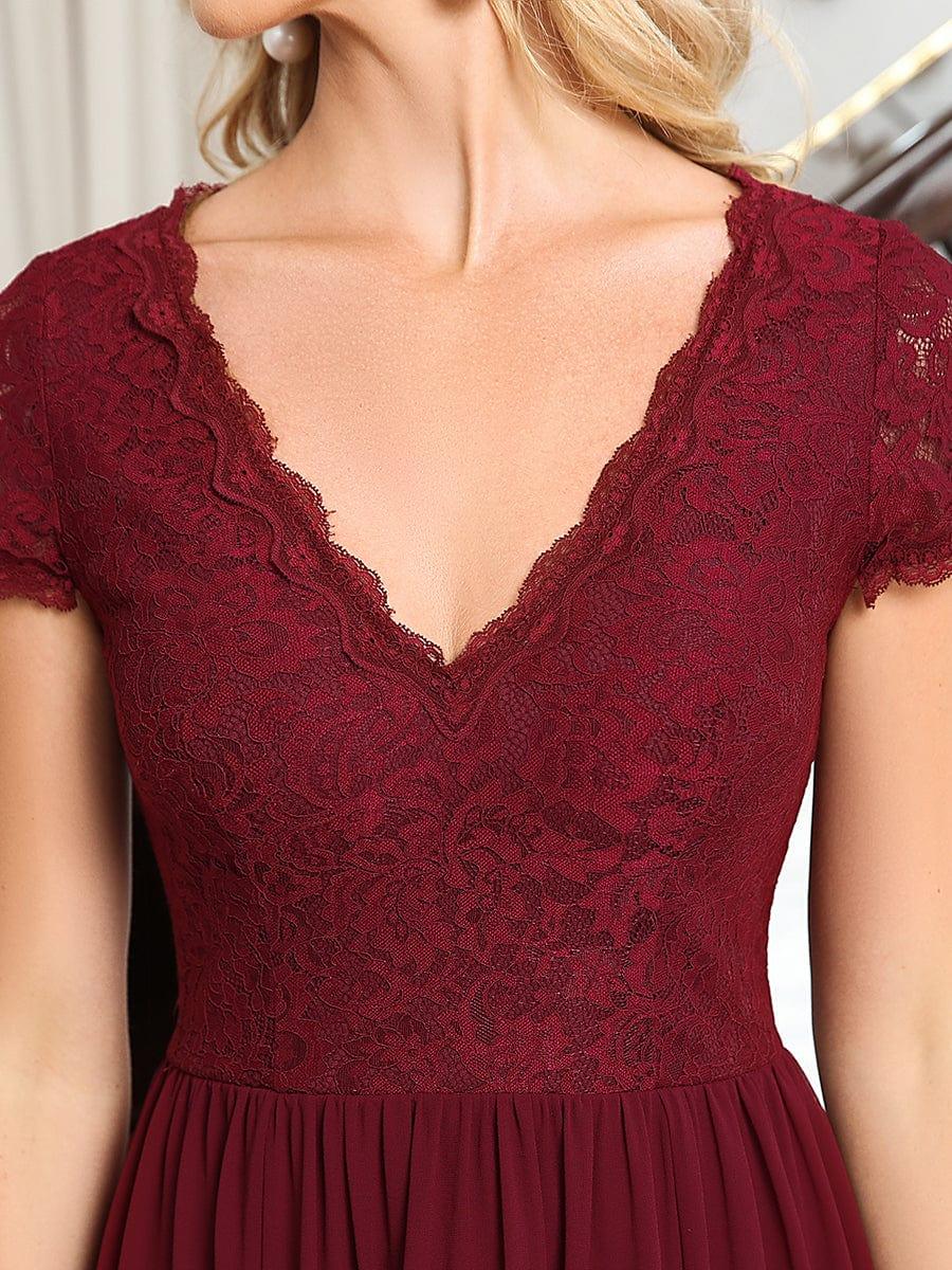 Brief Sleeve Vintage Ribbons Short Sleeve Higher Low Mother of the Bride Gown #color_Burgundy