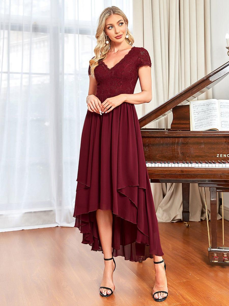 Brief Sleeve Vintage Ribbons Short Sleeve Higher Low Mother of the Bride Gown #color_Burgundy