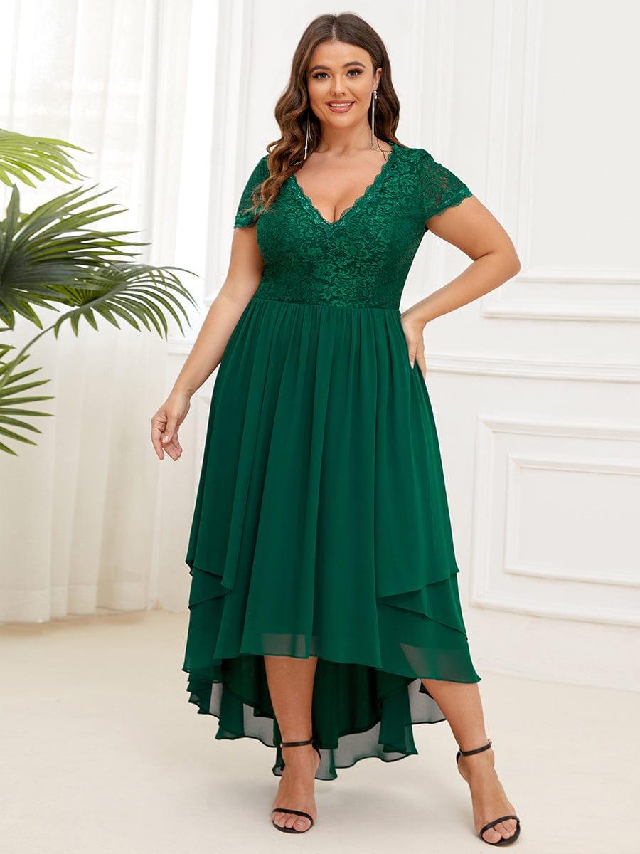 Brief Sleeve Vintage Ribbons Short Sleeve Higher Low Mother of the Bride Gown #color_Dark Green