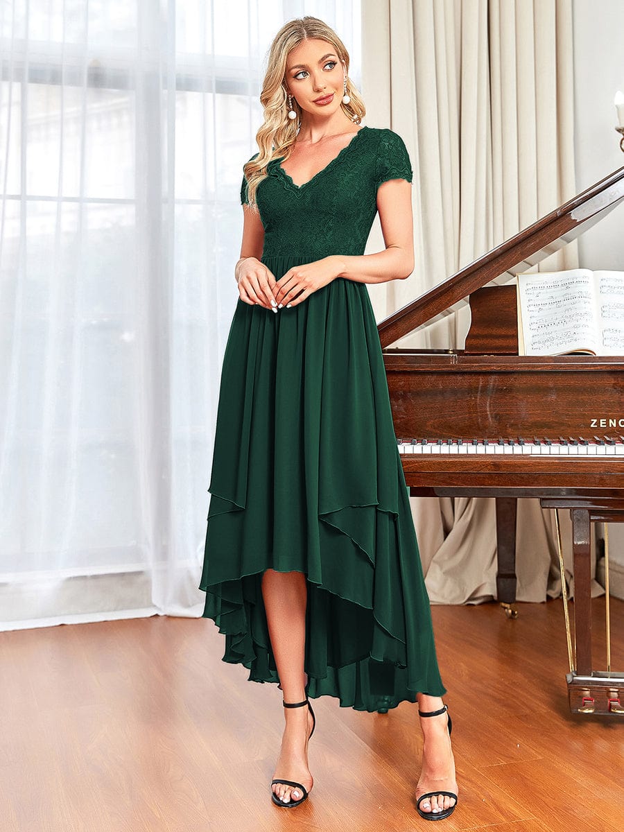 Brief Sleeve Vintage Ribbons Short Sleeve Higher Low Mother of the Bride Gown #color_Dark Green