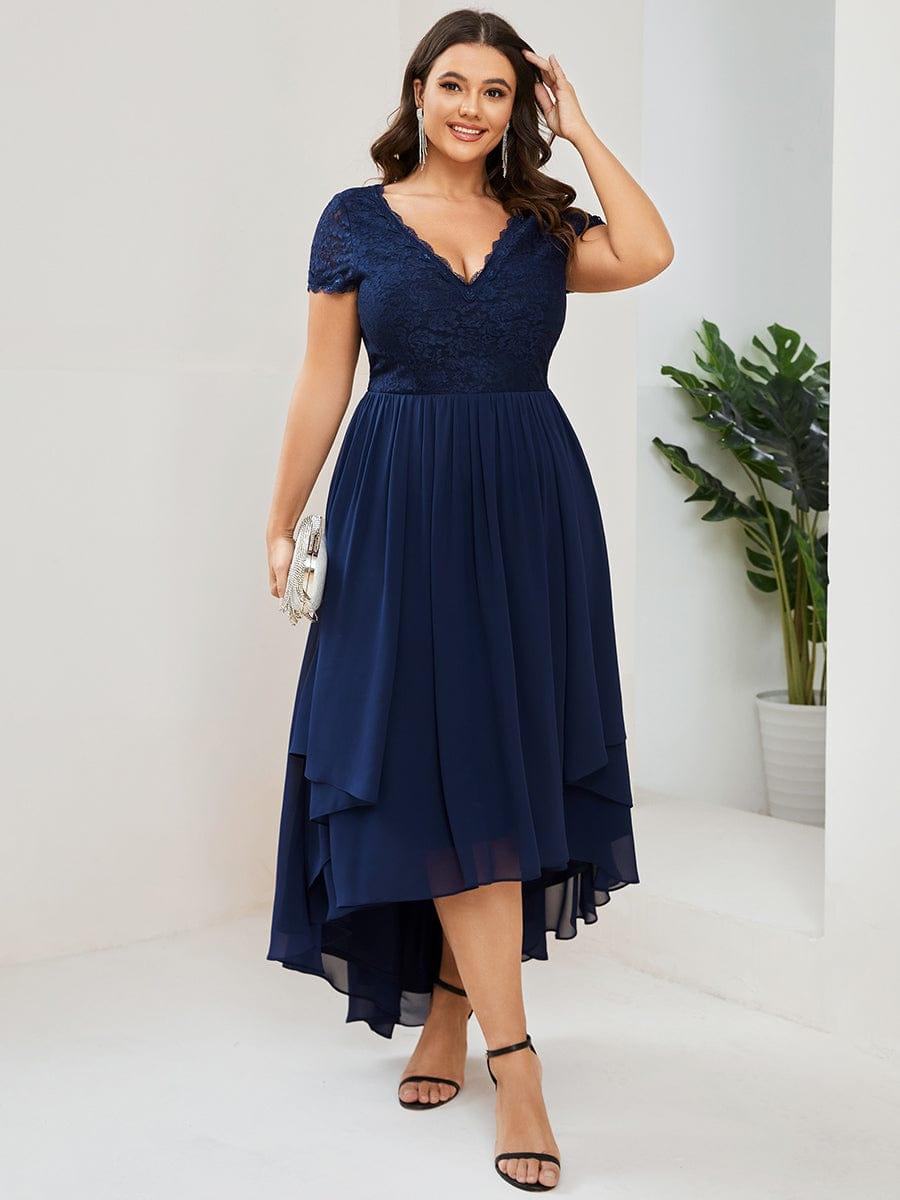 Brief Sleeve Vintage Ribbons Short Sleeve Higher Low Mother of the Bride Gown #color_Navy Blue