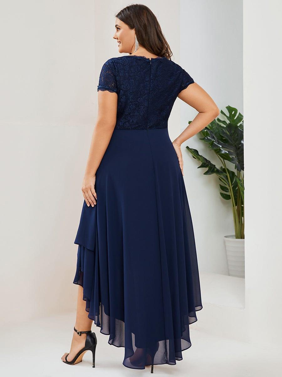 Brief Sleeve Vintage Ribbons Short Sleeve Higher Low Mother of the Bride Gown #color_Navy Blue