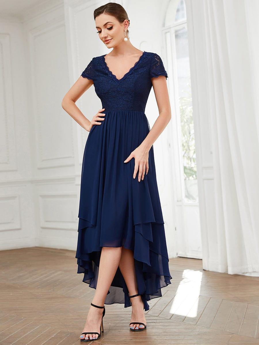 Brief Sleeve Vintage Ribbons Short Sleeve Higher Low Mother of the Bride Gown #color_Navy Blue