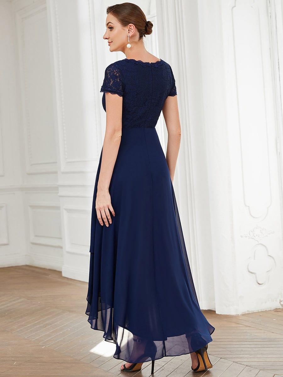 Brief Sleeve Vintage Ribbons Short Sleeve Higher Low Mother of the Bride Gown #color_Navy Blue