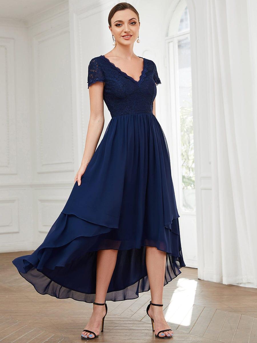 Brief Sleeve Vintage Ribbons Short Sleeve Higher Low Mother of the Bride Gown #color_Navy Blue