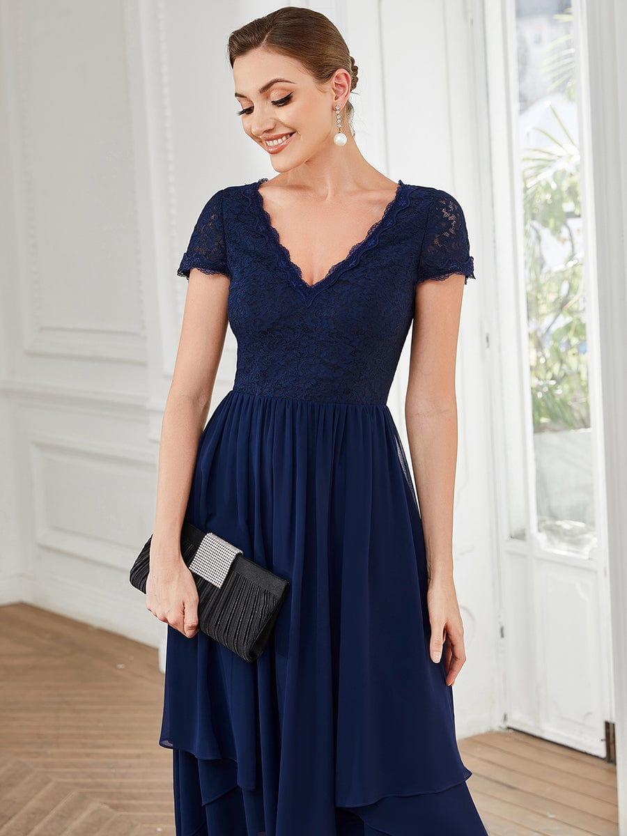 Brief Sleeve Vintage Ribbons Short Sleeve Higher Low Mother of the Bride Gown #color_Navy Blue