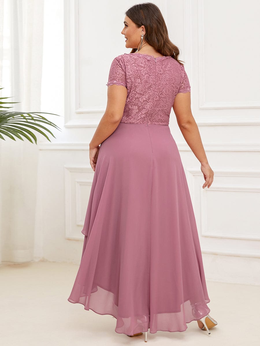 Plus Size Short Sleeve Vintage Ribbons High Low Mother of the Bride Gown #color_Purple Orchid