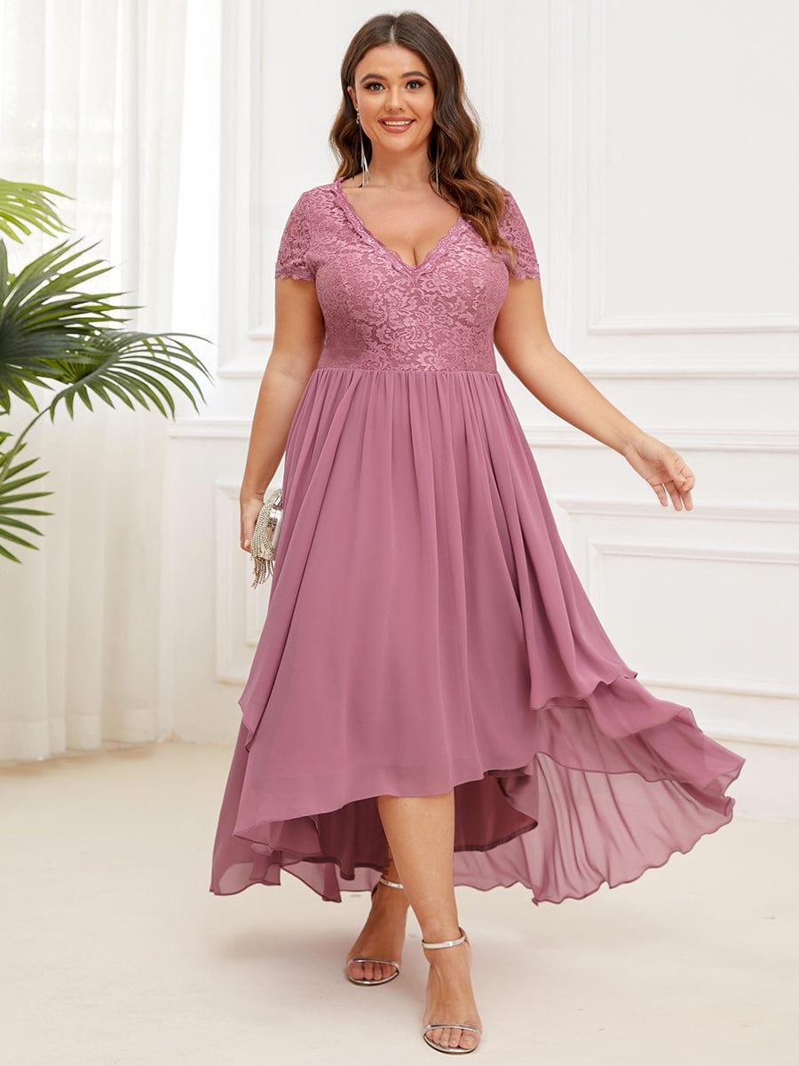 Plus Size Short Sleeve Vintage Ribbons High Low Mother of the Bride Gown #color_Purple Orchid