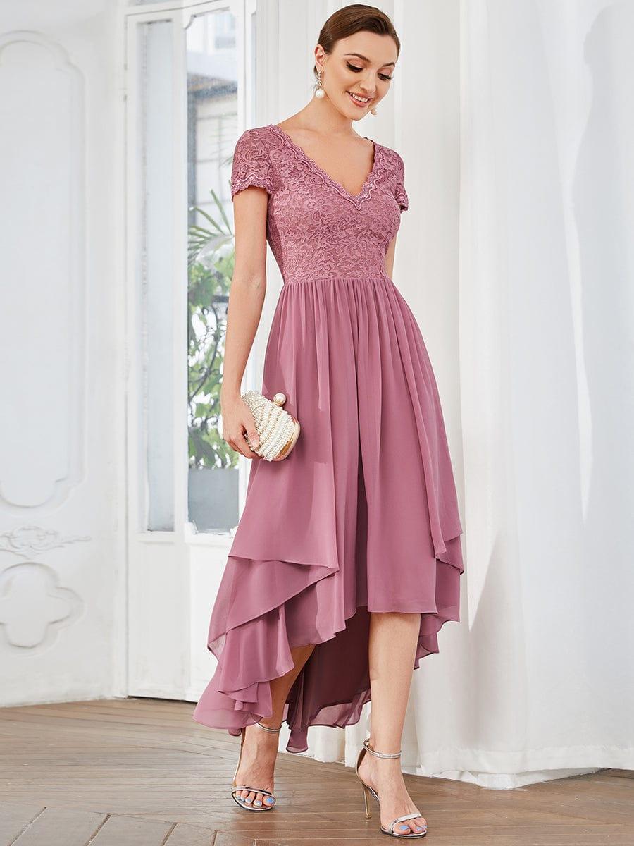 Brief Sleeve Vintage Ribbons Short Sleeve Higher Low Mother of the Bride Gown #color_Purple Orchid