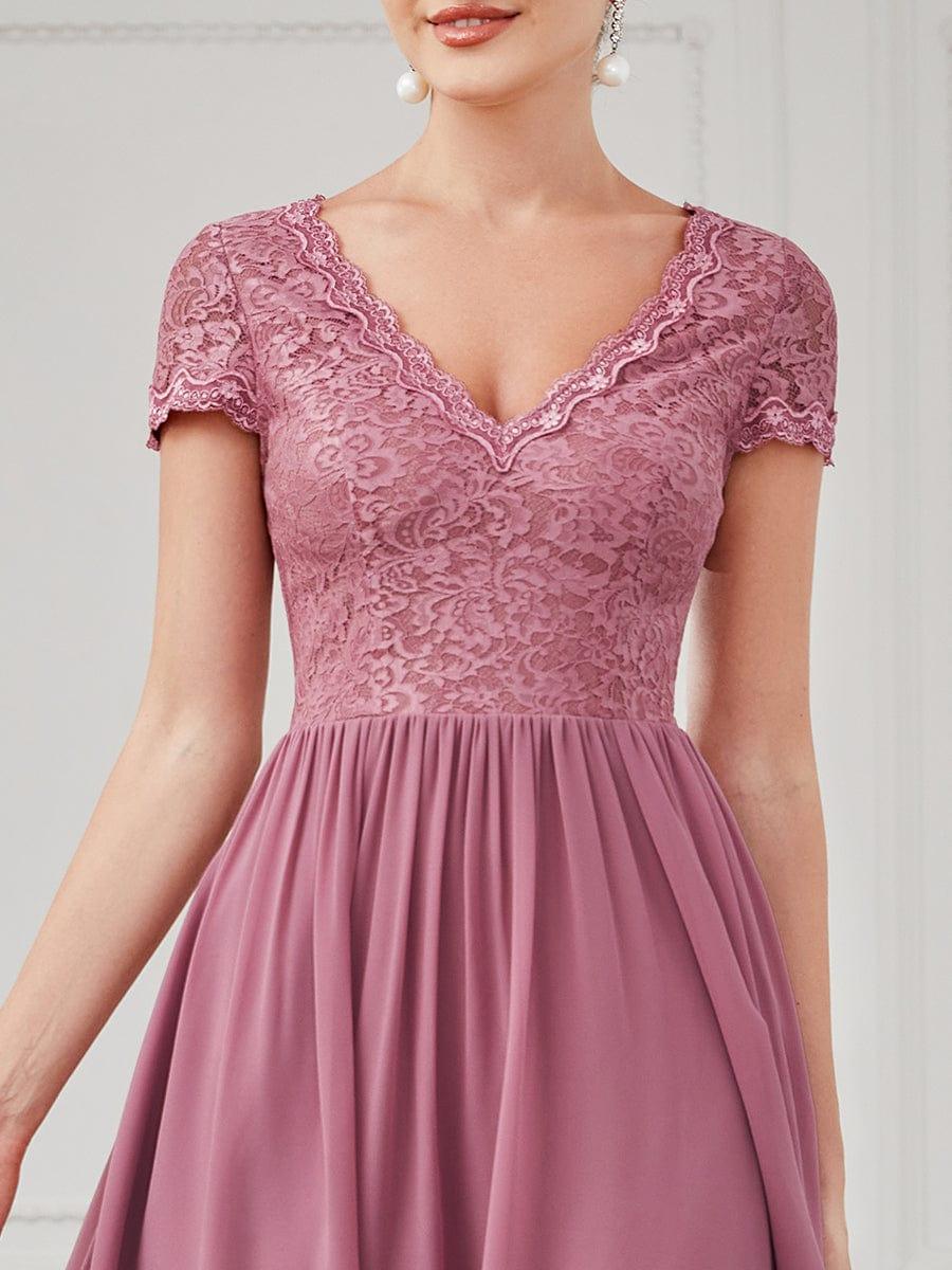 Brief Sleeve Vintage Ribbons Short Sleeve Higher Low Mother of the Bride Gown #color_Purple Orchid