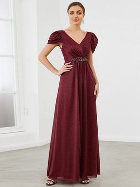 Ruched Short Sleeve Iridescent Applique Mother of the Bride Dress