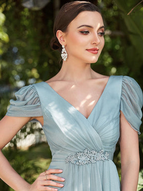 Ruched Short Sleeve Iridescent Applique Mother of the Bride Dress