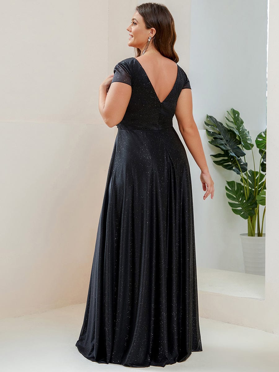 Custom Size Plus Size Cap Sleeve V-neck A-line Mother of the Bride Dress #color_Black