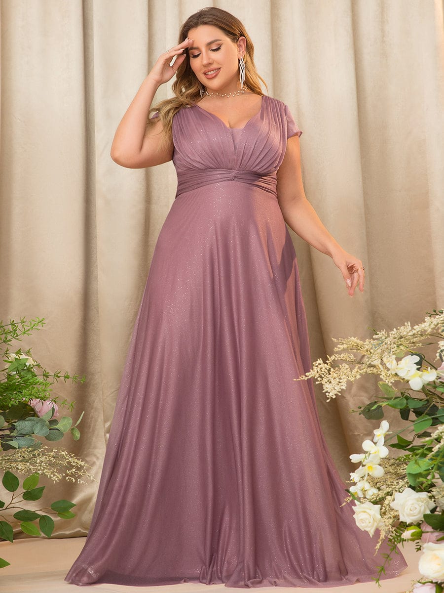 Custom Size Plus Size Cap Sleeve V-neck A-line Mother of the Bride Dress