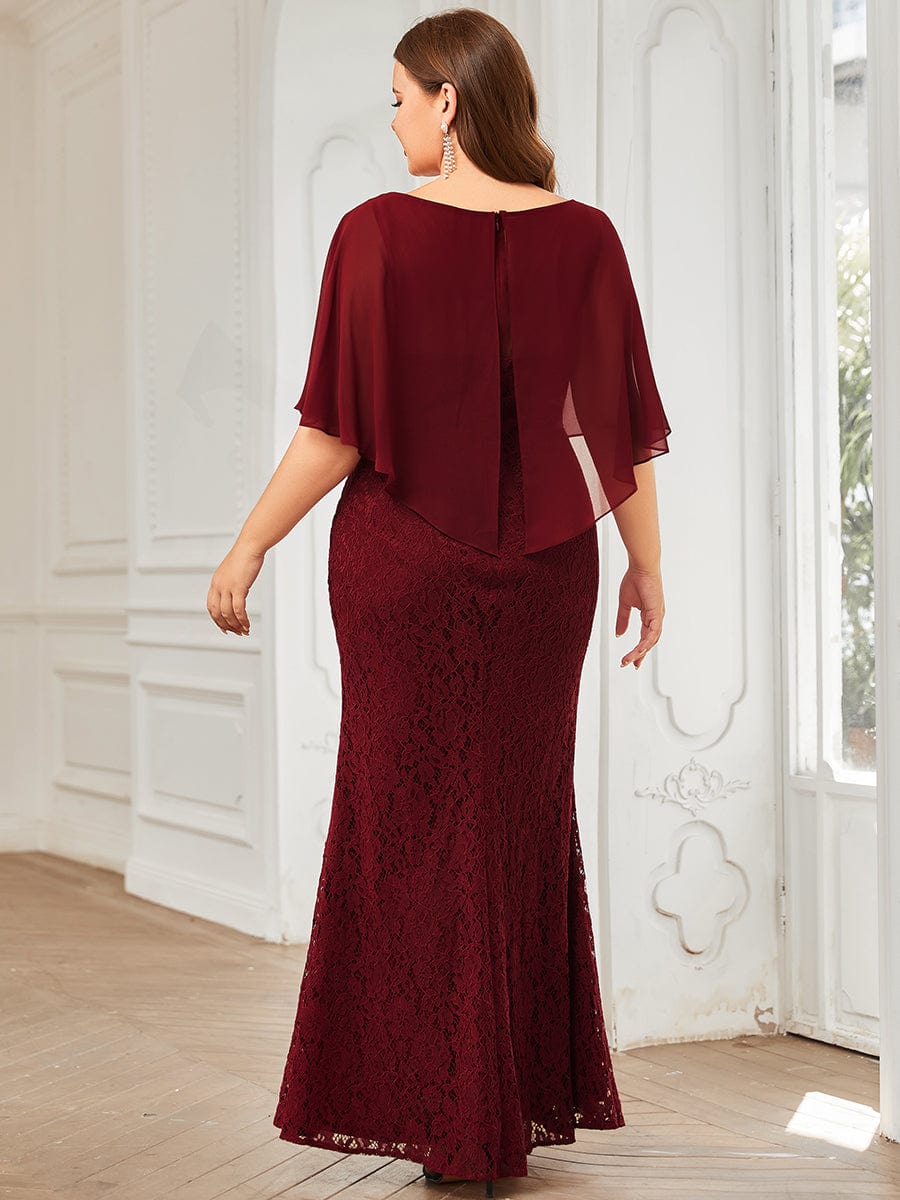 Plus Size Elegant Lace Fitted and Flared Maxi Mother of the Bride Dress #color_Burgundy